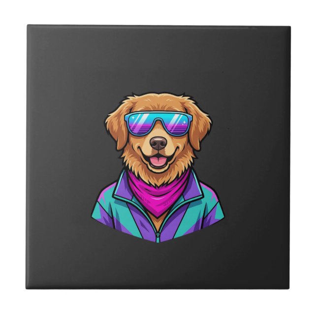 Cute Dog Sunglasses Retro Neon Art_1 Tile (Front)