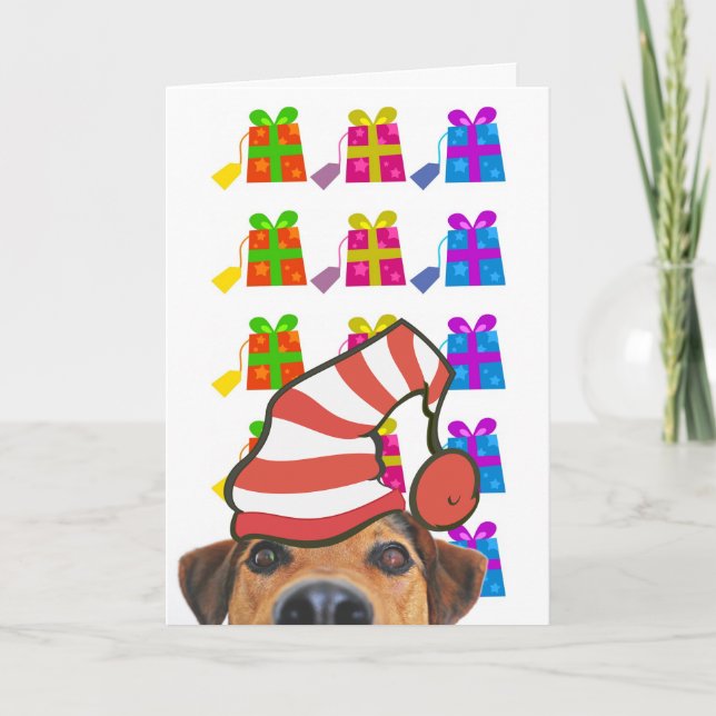 Cute Dog w/Santa Hat and Gifts Holiday Card (Front)