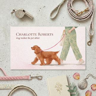Cute Dog Walker Cocker Spaniel Pink Business Card