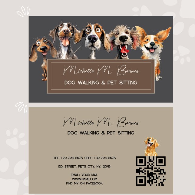 Cute Dog Walker Groomer QR Code Grey  Business Card (Creator Uploaded)