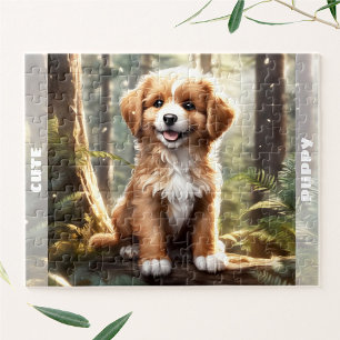 Cute Dog Watercolor Puppy Forest Custom Name Jigsaw Puzzle