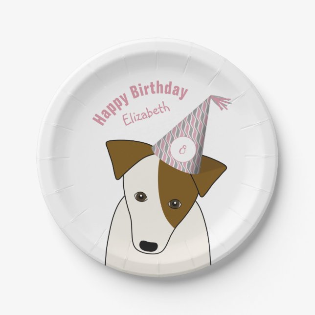 cute dog wearing party hat pink grey girl birthday paper plate (Front)