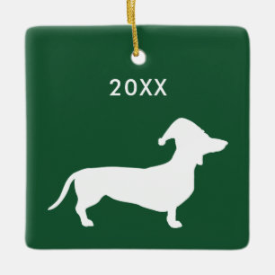 Cute Dog Wearing Santa Hat & Custom Year Ceramic Ornament