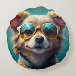 Cute dog wearing sunglasses round cushion