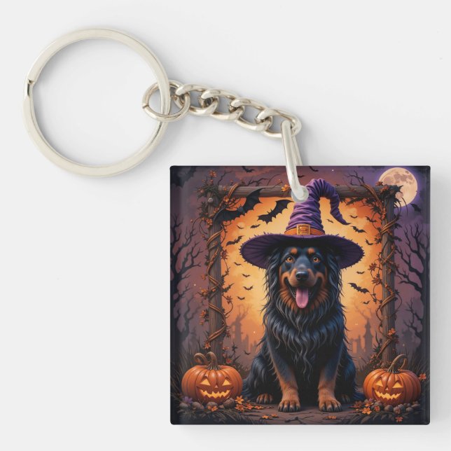 Cute Dog Witch Hat Pumpkin Halloween Scene Key Ring (Front)