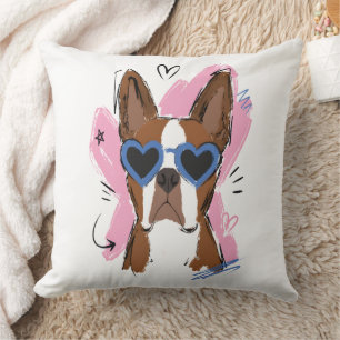 Cute Dog with Blue Heart Sunglasses on Pink Heart Cushion