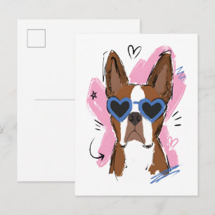 Cute Dog with Blue Heart Sunglasses on Pink Heart Postcard