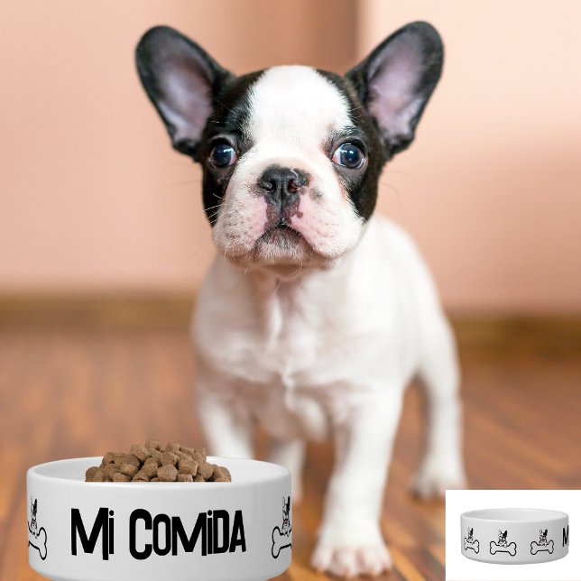 Cute Dog with Bone, French Bulldog, Spanish,Custom Bowl (Creator Uploaded)
