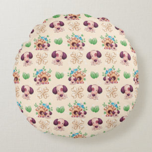 Cute Dog With Bones Tan  Round Cushion