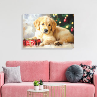 Cute Dog with Christmas Gifts As Painting Canvas Print