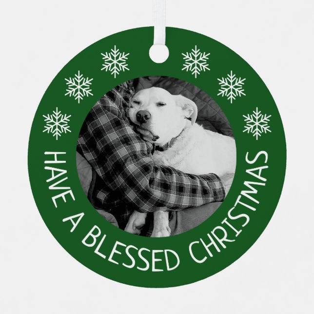 Cute Dog with Dad Photo Merry Christmas Green Metal Tree Decoration (Front)