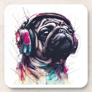 Cute Dog with Headphones water color illustration Coaster