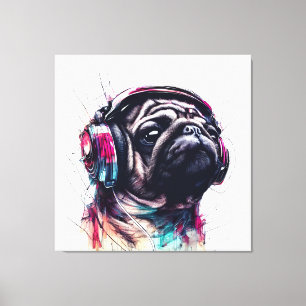 Cute Dog with Headphones water colour illustration Canvas Print
