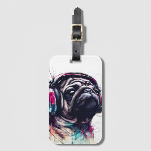 Cute Dog with Headphones water colour illustration Luggage Tag