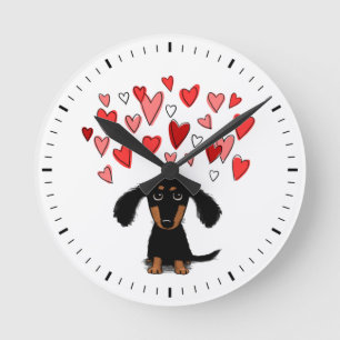 Cute Dog with Hearts Black and Tan Dachshund Round Clock