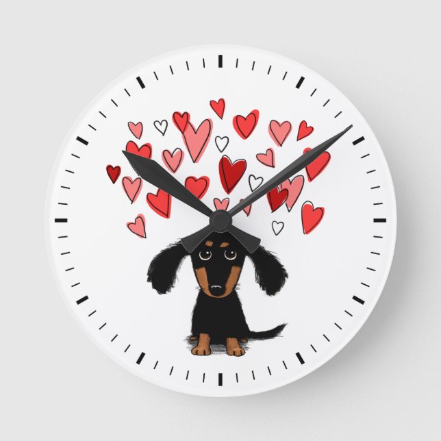 Cute Dog with Hearts Black and Tan Dachshund Round Clock (Front)