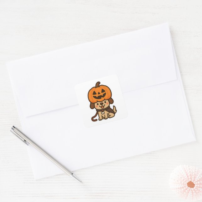 Cute dog with jack-o-lantern square sticker (Envelope)