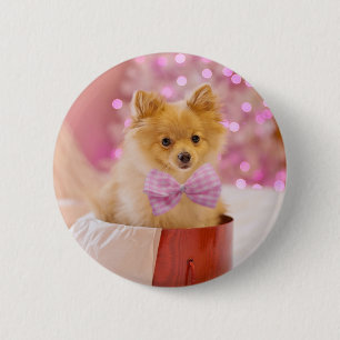 Cute Dog with Pink Bow Christmas Photograph 6 Cm Round Badge