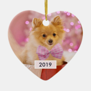 Cute Dog with Pink Bow Christmas Photograph Ceramic Tree Decoration