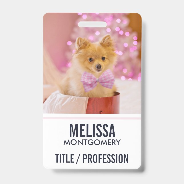 Cute Dog with Pink Bow Christmas Photograph ID Badge (Front)