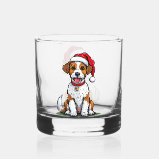Cute Dog with Santa Hat Sitting and Smiling Whiskey Glass