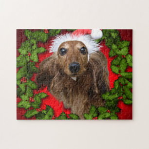Cute dog with Santa's red hat and garland Jigsaw Puzzle