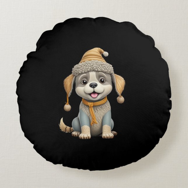 Cute dog with winter clothes round cushion (Front)