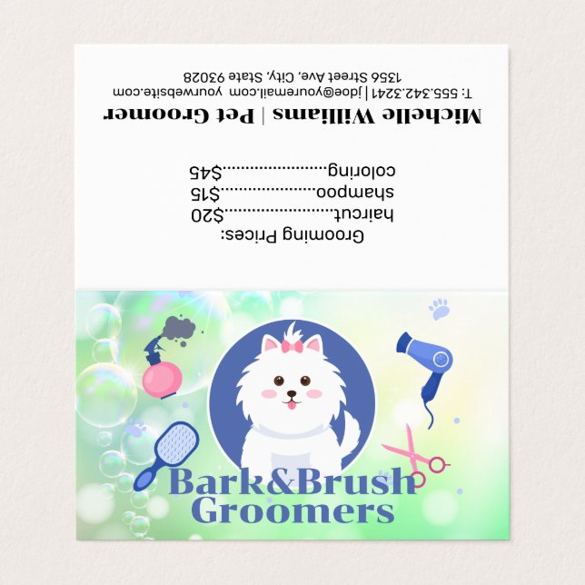 Cute Doggie | Grooming Tools | Soap Bubbles Business Card (Outside Unfolded)