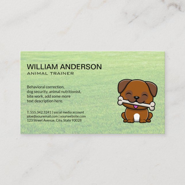 Cute Doggie with Bone | Grass Business Card (Front)