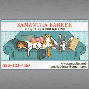 Cute Dogs and Cat Pet Sitting Animal Care Funny Magnetic Business Card