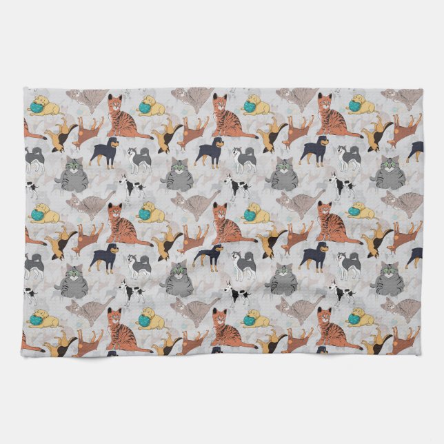 Cute Dogs And Cats Pattern Design Tea Towel (Horizontal)