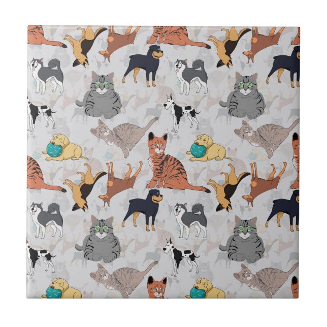 Cute Dogs And Cats Pattern Design Tile (Front)