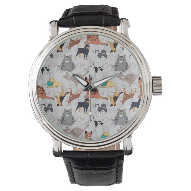 Cute Dogs And Cats Pattern Design Watch (Front)