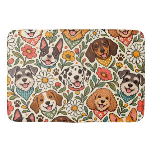 Cute Dogs and Colorful Floral Pattern Bath Mat