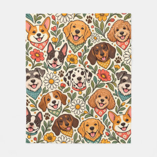 Cute Dogs and Colorful Floral Pattern Fleece Blanket