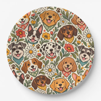 Cute Dogs and Colorful Floral Pattern Paper Plate