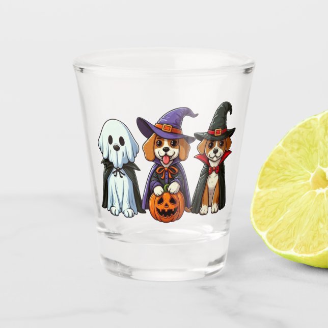 Cute dogs as ghost, witch, and vampire shot glass (Front)