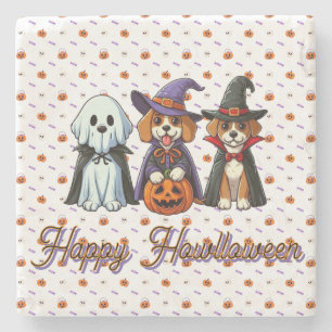 Cute Dogs as ghost, witch, & vampire Stone Coaster