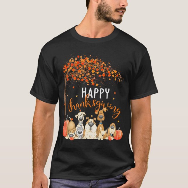 Cute Dogs Autumn Leaves Pumpkin Happy T-Shirt (Front)