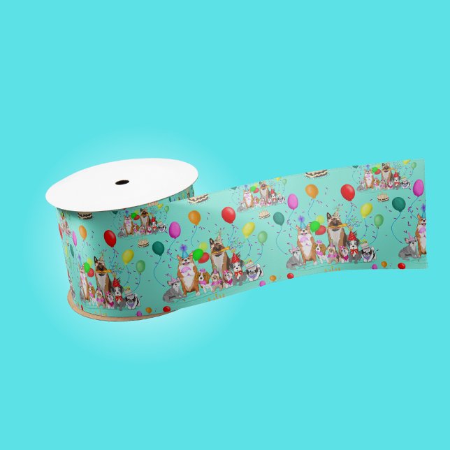 Cute Dogs Birthday Celebration Let's Pawty Pattern Satin Ribbon (Creator Uploaded)