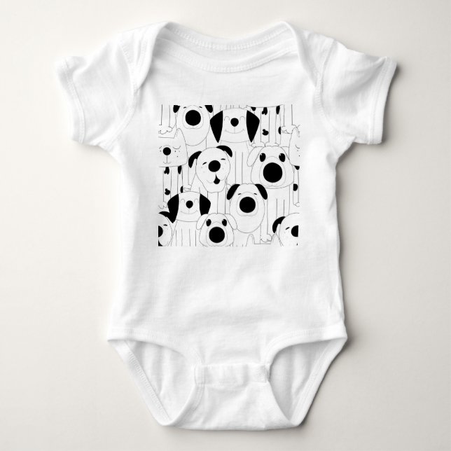 Cute dogs: black, white cartoon. baby bodysuit (Front)