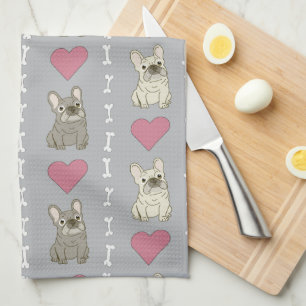 Cute dogs, Frenchie, hearts, and bones Tea Towel