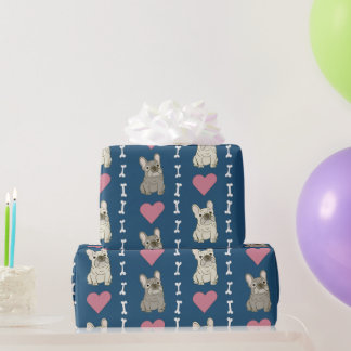 Cute dogs, Frenchie, hearts, and bones Wrapping Paper