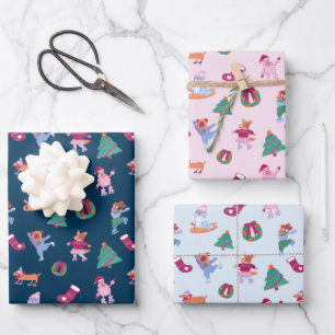 Cute Dogs Ice Skating Blue Pink Christmas Wrapping Paper Sheet