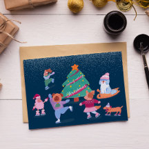 Cute Dogs Ice Skating Dark Blue Flat Holiday Card