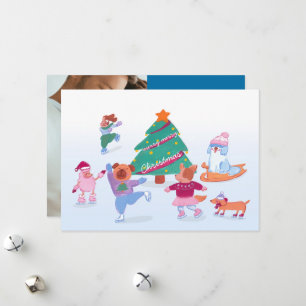 Cute Dogs Ice Skating Soft Blue Flat Holiday Card