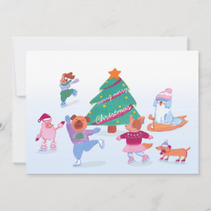 Cute Dogs Ice Skating soft blue Flat Holiday Card