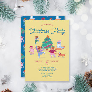 Cute Dogs Ice Skating Yellow Christmas Party Invitation