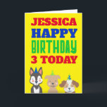 Cute Dogs Kids Any Age Name Yellow Birthday Card<br><div class="desc">Fun birthday wishes for children with this brightly coloured design with Three cute dogs wearing party hats along the bottom, and large bold typography in primary colours, red, blue and green at the top. Happy Birthday is in a set font and colours, and you can easily personalise the top line...</div>