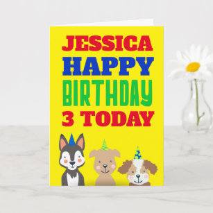Cute Dogs Kids Any Age Name Yellow Birthday Card